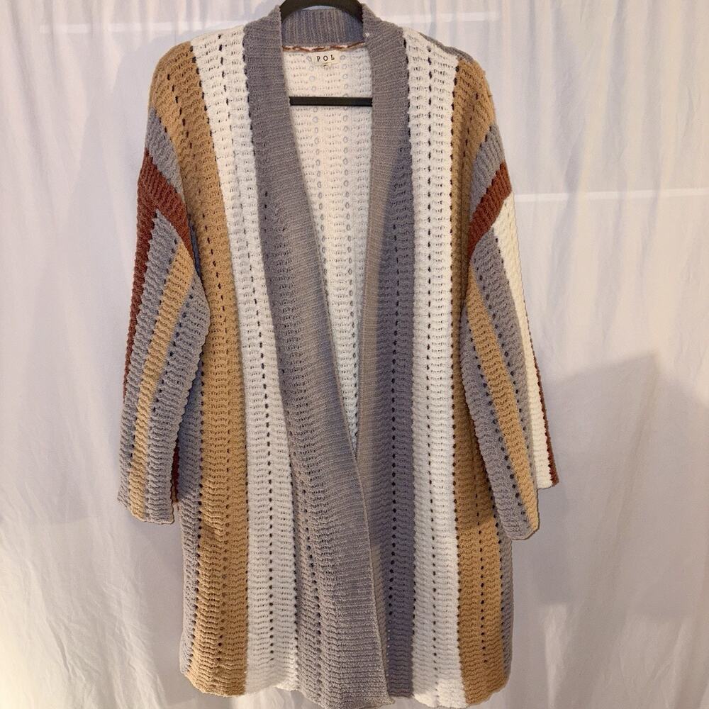 POL Loose Knit Long Line Neutral Color Striped Crochet Duster Cardigan Size SM